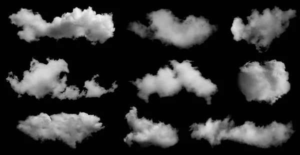Collezione Nuvole Bianche Isolate Sfondo Nero Nuvola Impostata Nero Soffice — Foto Stock