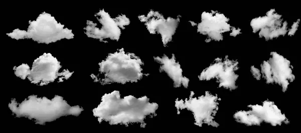 stock image White clouds collection isolated on black background, cloud set on black. fluffy white cloudscape texture. Black sky nature background, cloudy, black and white, horizonta