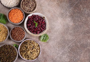 assortment of various cereals - rice, beans, quinoa, healthy food