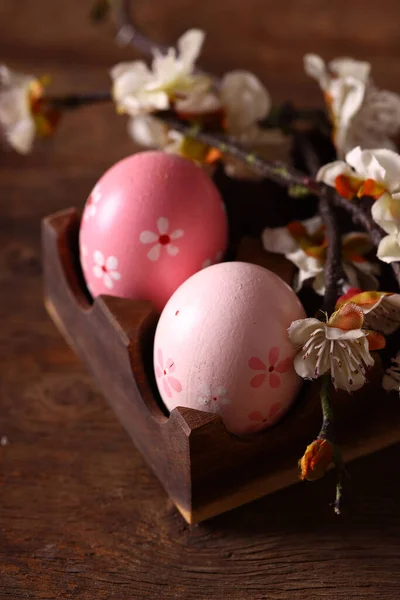 Wielkanoc Martwa Natura Wystrój Jajka Kwiaty — Zdjęcie stockowe