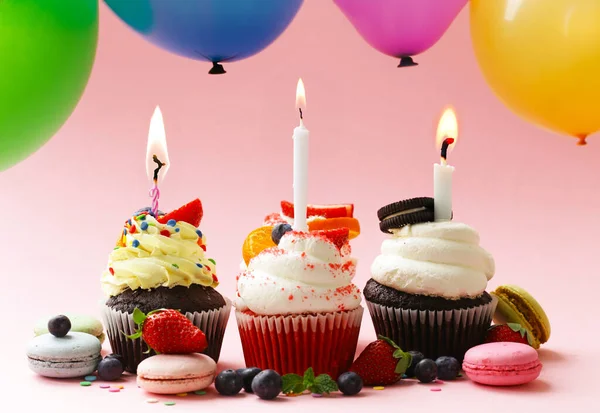 Festive Birthday Cupcake Burning Candle — Stock Photo, Image