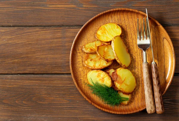 Homemade Fried Potatoes Wooden Plate — Stock Photo, Image