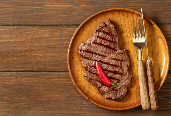 Fried Ribeye Steak Wooden Plate — Stock Photo, Image