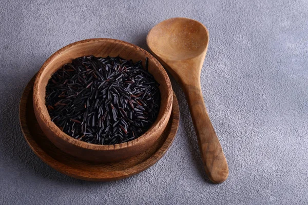 Black Rice Groats Wooden Bowl Table Healthy Food — Stock Photo, Image