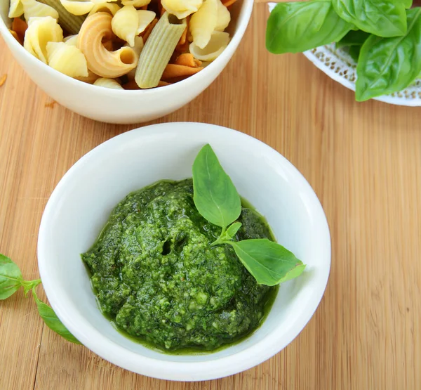 Organic Natural Fresh Basil Pesto Sauce — Stock Photo, Image