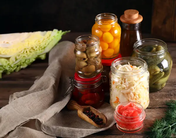 fermented vegetables in glass jars healthy food