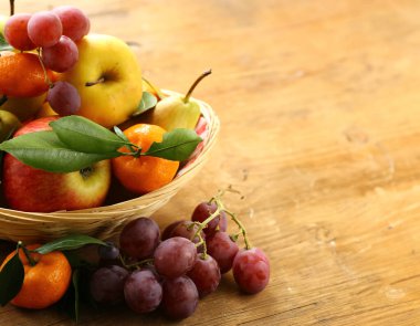 Masadaki sepetteki taze meyveler.