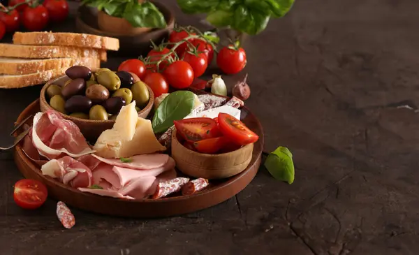 Antipasti Tapas Cheese Ham Wooden Table Royalty Free Stock Images