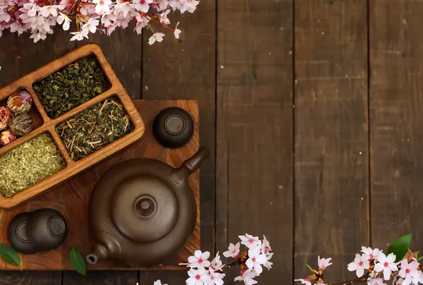 Čajový Obřad Zelený Čaj Sakura Větvemi Royalty Free Stock Fotografie