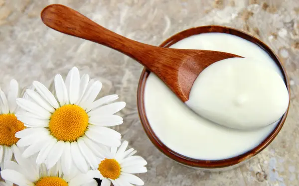 Yogur Crema Agria Productos Lácteos Sobre Mesa Fotos de stock