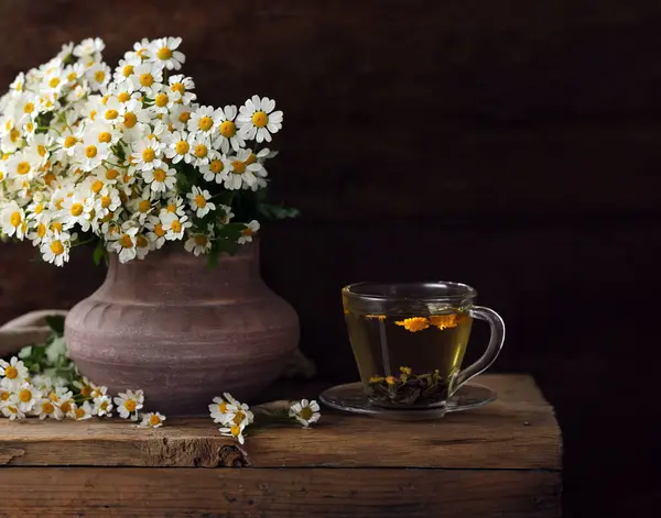 Cup Herbal Tea Bouquet Chamomile Flowers Royalty Free Stock Photos