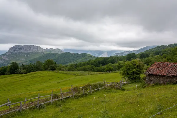 Kuzey Spanya Asturias Yeşil Bir Yamacın Tepesinde Küçük Bir Kulübe — Stok fotoğraf