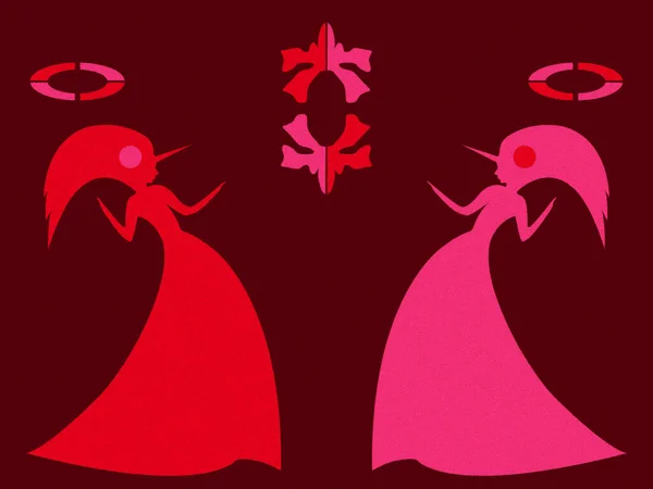 Pair Unicorn Women with symbol and accessories as a concept of unity and struggle opposites, stylized silhouettes, illustration mainly in red and pink colors