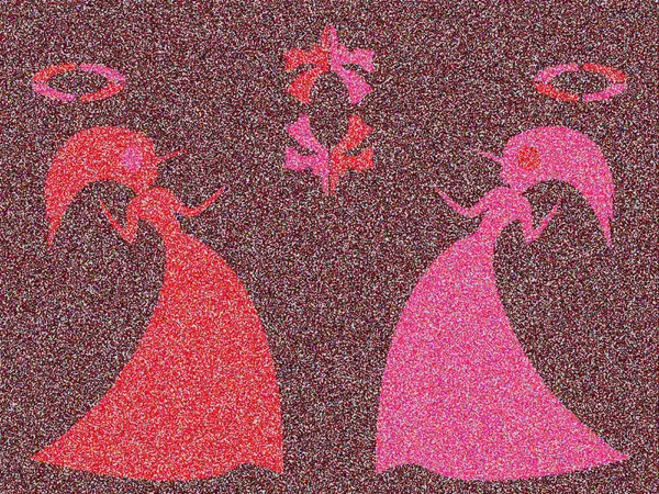 Pair Unicorn Women with symbol and accessories as a concept of unity and struggle opposites, stylized silhouettes, multicolor illustration with a predominance of red and pink colors