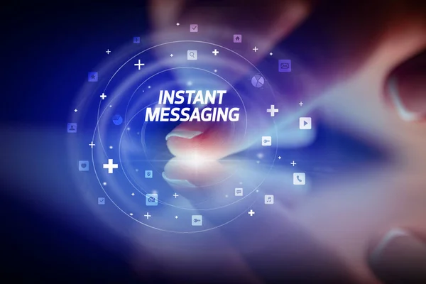 Трогательный Планшет Иконами Социальных Сетей Instant Messaging — стоковое фото
