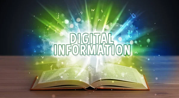 stock image DIGITAL INFORMATION inscription coming out from an open book, educational concept