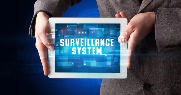 Young Business Person Working Tablet Shows Digital Sign Surveillance System — Stock Photo, Image