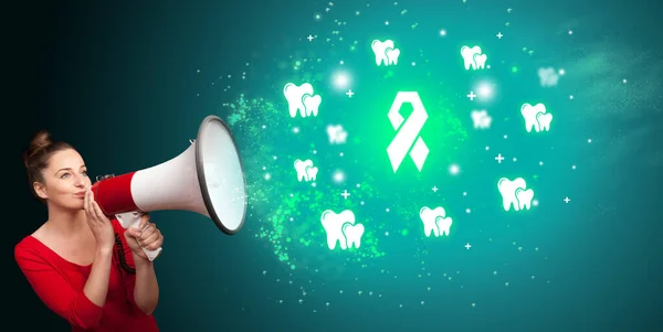 Young Person Shouting Megaphone Breast Cancer Icon Medical Concept — Stock Photo, Image