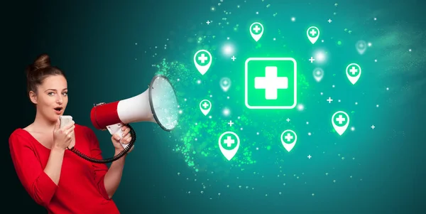 Young Person Shouting Megaphone First Aid Icon Medical Concept — Stock Photo, Image