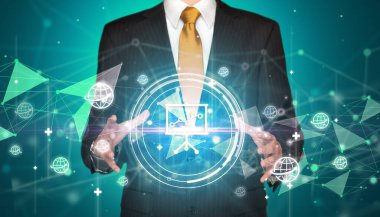 Çözüm konsepti, iş adamlarının elinde ikon, yaratıcı iş stratejisi planı.