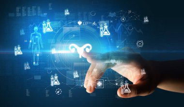 Ekranda kadın üreme sistemi sembolü olan fütüristik sağlık cihazı, fütüristik konsept.