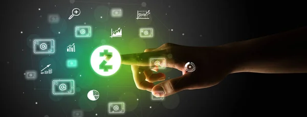 Businessman Finger Touching Screen Multimedia Interface Hand Drawn Zcash Icons — Stock Photo, Image