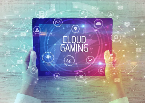 Närbild Surfplatta Med Cloud Gaming Inskription Innovativt Teknikkoncept — Stockfoto