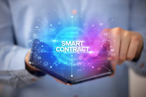 Businessman Holding Foldable Smartphone Smart Contract Inscription New Business Concept — Stock Photo, Image