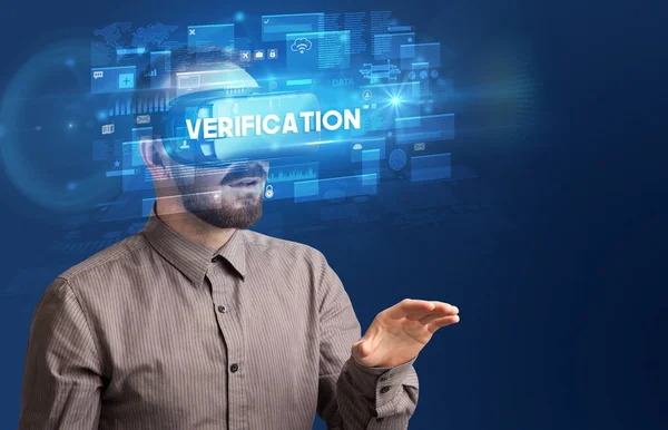 Businessman Looking Virtual Reality Glasses Verification Inscription Innovative Security Concept — Stock Photo, Image