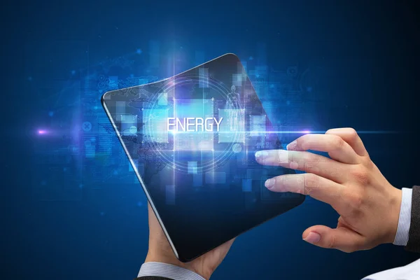 Empresario Sosteniendo Smartphone Plegable Con Inscripción Energy Concepto Nueva Tecnología —  Fotos de Stock