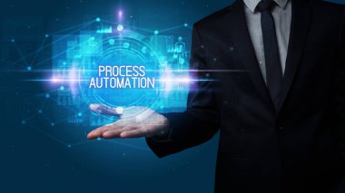 İnsan eli ele tutuşan Prosedürler AUTOMATION yazıtları, teknoloji kavramı