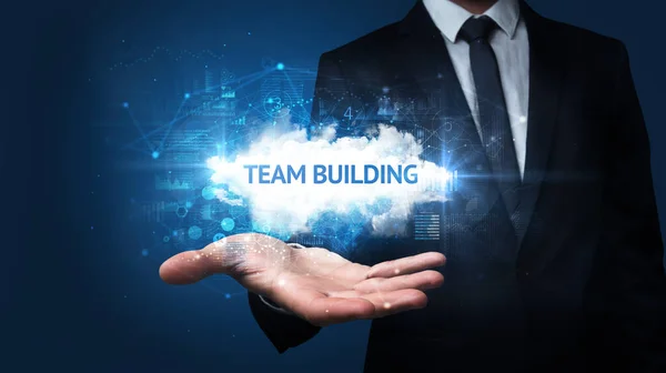 Dłoń Biznesmena Napisem Team Building Udana Koncepcja Biznesowa — Zdjęcie stockowe