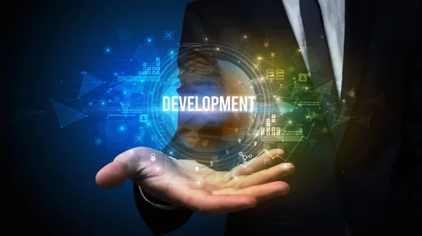 Elegant Hand Holding Development Inscription Digital Technology Concept — 스톡 사진