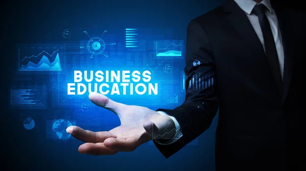 Dłoń Biznesmena Napisem Business Education Koncepcja Sukcesu Biznesowego — Zdjęcie stockowe