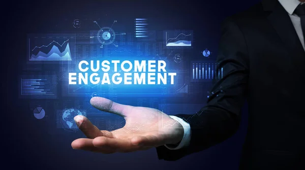 Hand Businessman Holding Customer Engagement Iscrizione Concetto Successo Aziendale — Foto Stock