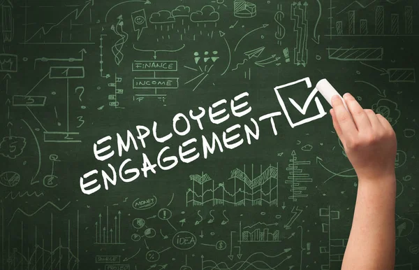Ручной Рисунок Employee Engagement Надпись Белым Мелом Доске Новая Бизнес — стоковое фото