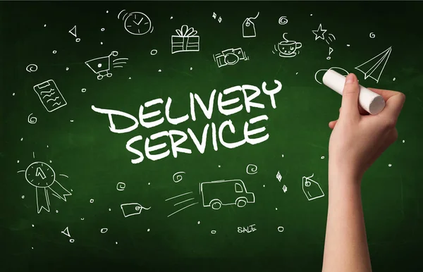 Hand Drawing Delivery Service Inscription White Chalk Blackboard Online Shopping — 스톡 사진