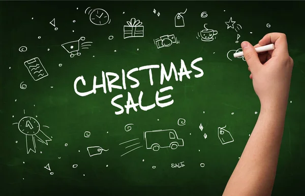 Χειροποίητο Σχέδιο Χριστουγεννα Sale Επιγραφή Άσπρη Κιμωλία Στον Μαυροπίνακα Online — Φωτογραφία Αρχείου