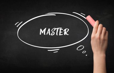 Tahtaya beyaz tebeşirle el çizimi ustası yazması, eğitim kavramı