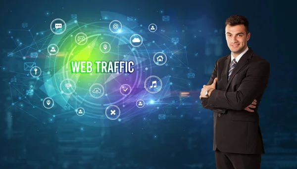 Pensamento Empresário Frente Ícones Relacionados Tecnologia Inscrição Web Traffic Conceito — Fotografia de Stock