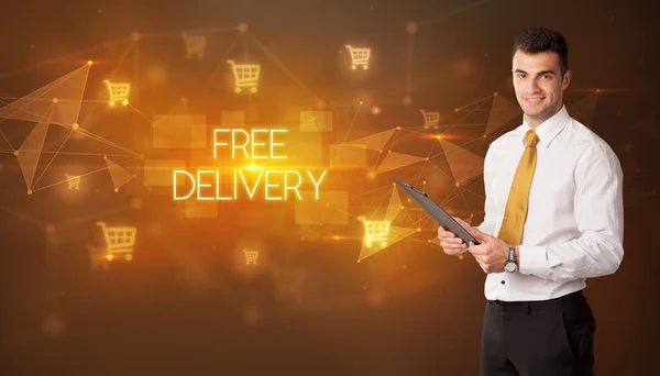 Üzletember Bevásárlókocsi Ikonok Ingyenes Delivery Felirat Online Vásárlási Koncepció — Stock Fotó