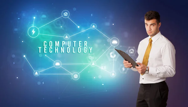 Geschäftsmann Vor Cloud Service Ikonen Mit Computertechnik Beschriftung Modernem Technologie — Stockfoto