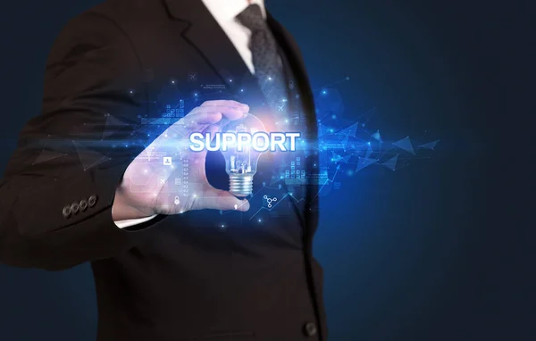 Businessman Holding Light Bulb Support Inscription Innovative Technology Concept — Stock Photo, Image