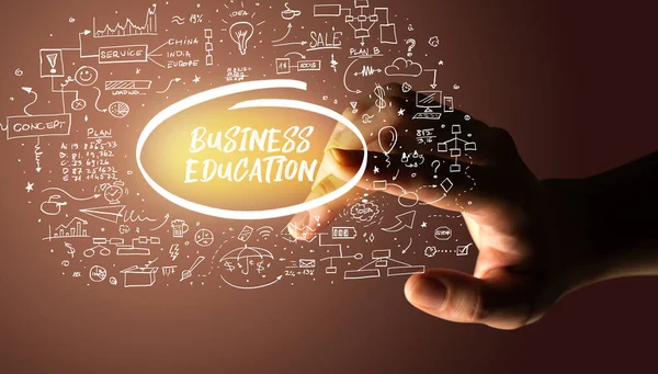 Mano Toccando Iscrizione Business Education Icone Disegnate Mano Intorno Concetto — Foto Stock