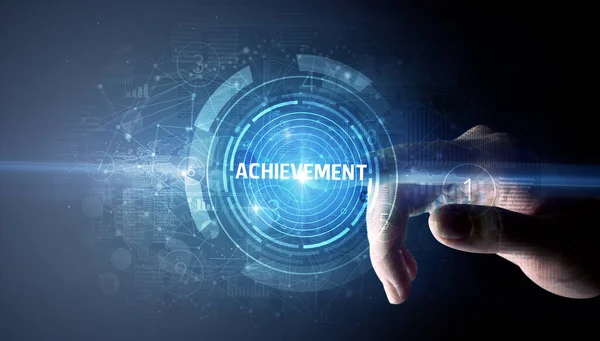 Hand Aanraken Achievement Knop Modern Business Technology Concept — Stockfoto