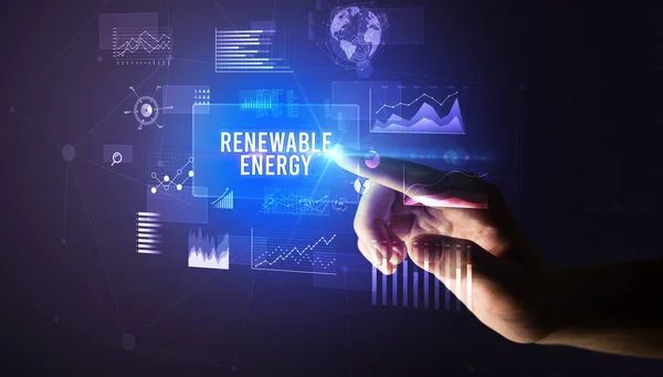 Dotykanie Ręką Renewable Energy Napis Nowa Koncepcja Technologii Biznesowych — Zdjęcie stockowe