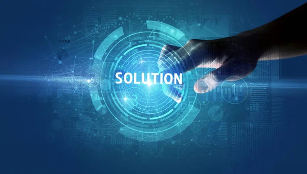 Hand Aanraken Solution Knop Modern Business Technology Concept — Stockfoto