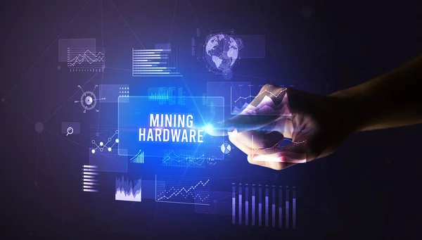 Hand Touching Mining Hardware Inscription New Business Technology Concept — ストック写真