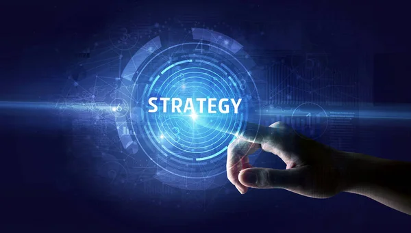 Hand Aanraken Strategie Knop Modern Business Technology Concept — Stockfoto