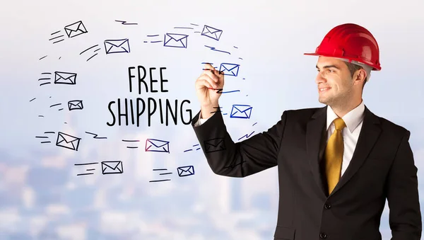 Handsome Businessman Helmet Drawing Free Shipping Inscription Contruction Sale Concept — Stock Photo, Image